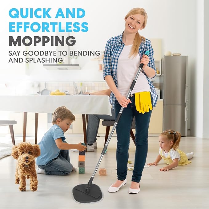 Simpli-Magic 360° Square Spin Mop and Bucket System – Dual Compartment, Separate Clean & Dirty Water – 3 High-Absorbent Microfiber Washable Heads – All Types Floor Cleaning