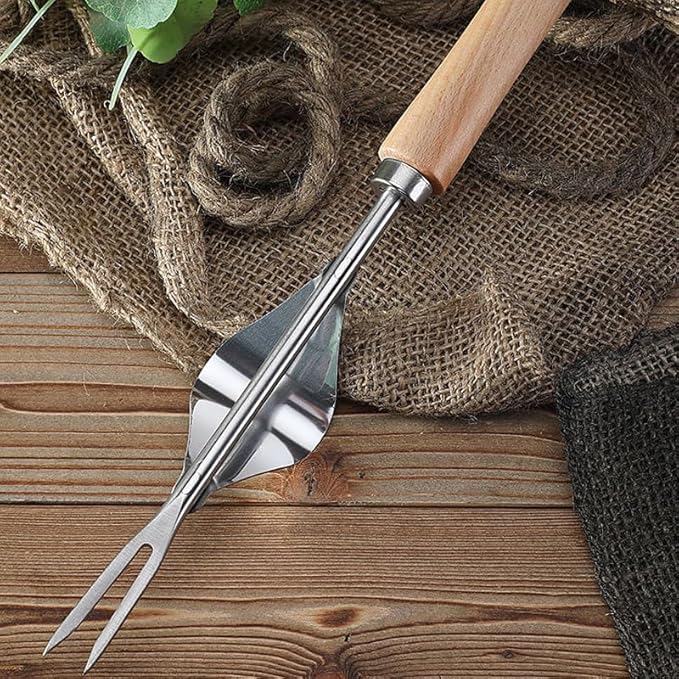 Comimark 1pc Wood Handle Stainless Steel Garden Weeder, Hand Weeding Removal Cutter Puller Tools, Multifunction Weeder Transplant