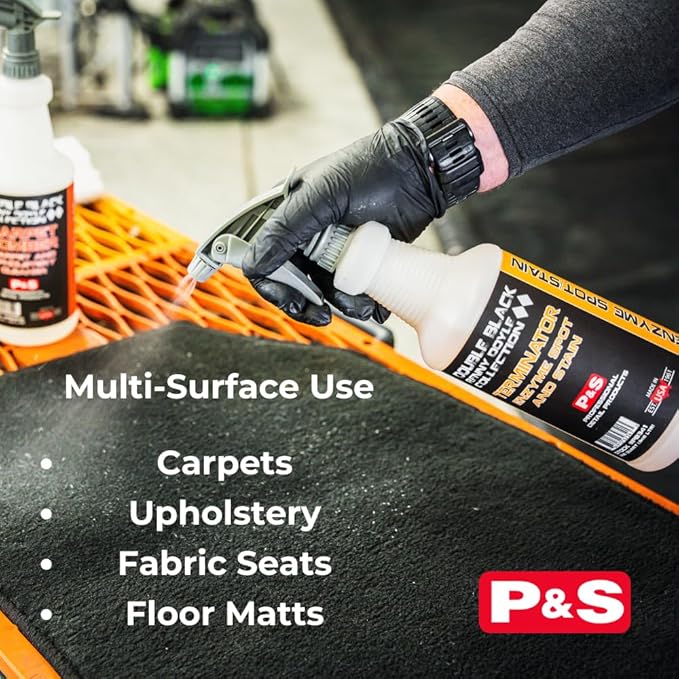 P&S Double Black Interior Cleaning Bundle – Terminator Enzyme Spot & Stain Remover + Finisher Peroxide Treatment, Professional Carpet, Upholstery & Odor Eliminator System (1 Gallon Each)