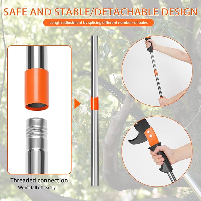 Manual Pole Saw for Tree Trimming, 10 FT Pruning Saw with 6-Section Stainless Steel Handle, Sharp steel Blade, Easy to Carry and Lightweight Extendable Design for Garden & Tree Maintenance