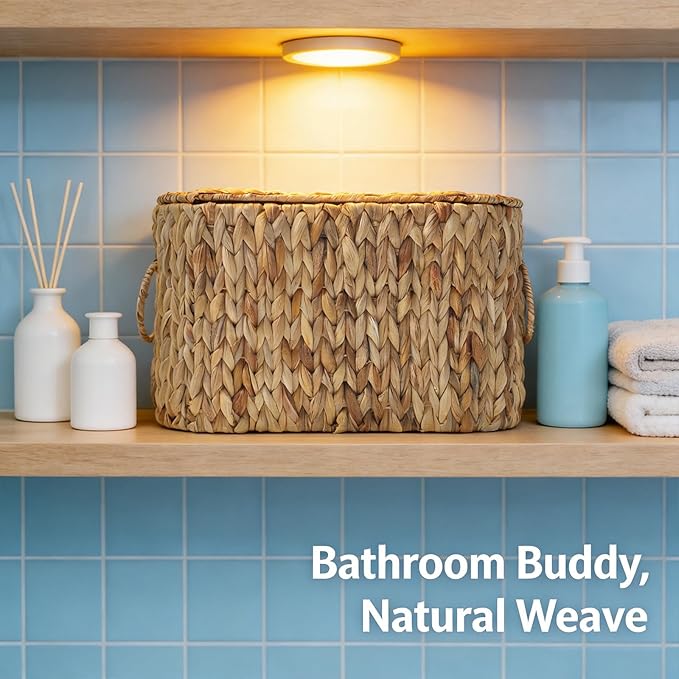 Toilet Paper Storage Basket,Water Hyacinth Wicker Basket with Lid and Handles for Bathroom Organizer and Storage,Toilet Paper Holder Stand with Storage,Papers Container for up to 6 Mega Rolls