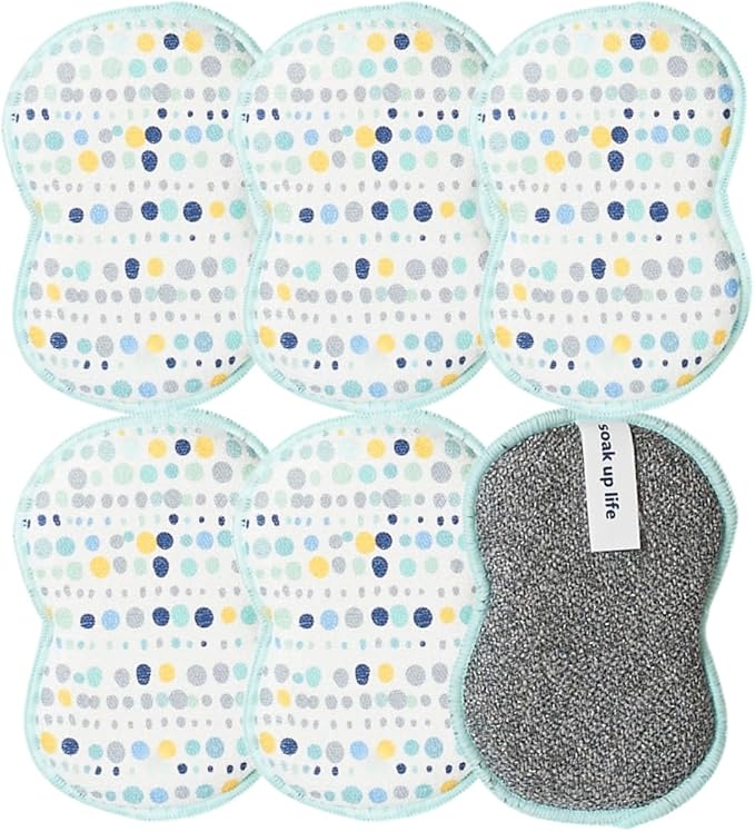 Sponge Set in Dot Blue, 6 Pack Super Absorbent Washable Reusable Cleaning Sponges Made from Recycled Materials, Durable Eco Friendly Kitchen Sponges
