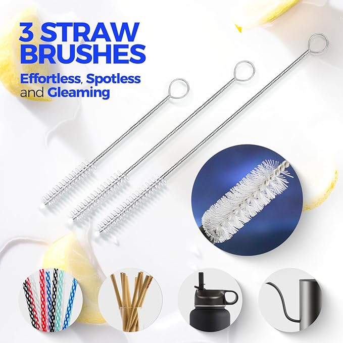 Holikme Bottle Brush Cleaner Set, 14" Long Handle Stainless Steel Bottle Cleaner Brush, 3 Straw Cleaner Brush, Bottle Cleaning Brush for Water Bottle, Cups, Abrasive Flat End Brushes, Straws White