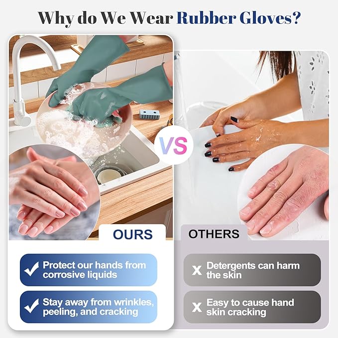 Rubber Kitchen Dishwashing Gloves - 4 Pairs Colorful Reusable Household Cleaning Gloves For Washing Dishes And Cleaning Tasks，Flexible And Durable Waterproof (Large, Dark Green+Blue+Green+Gray)