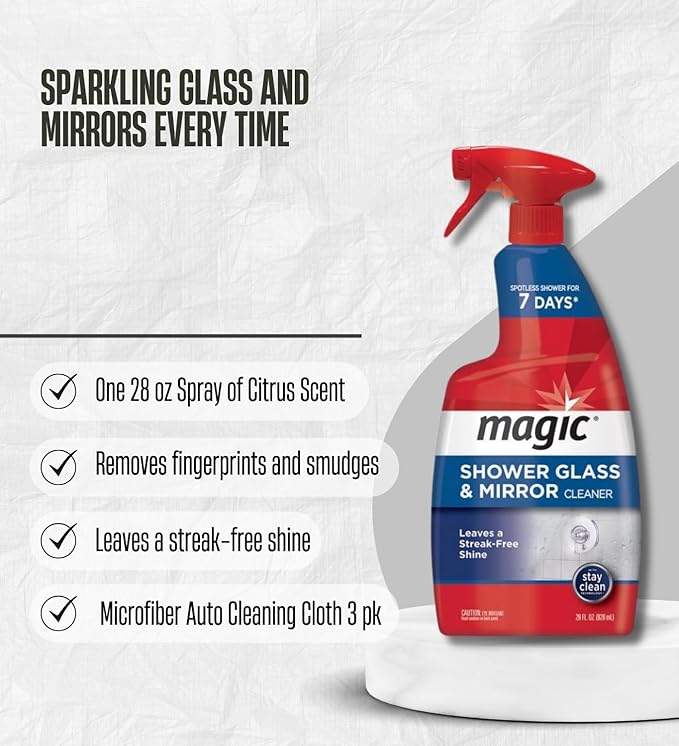 Magic Sprayway Glass Cleaner 28 oz Spray Bundle with Microfiber Towel – Removes Hard Water, Soap Scum, and Leaves Streak-Free Shine – Gift Set (2 Items)