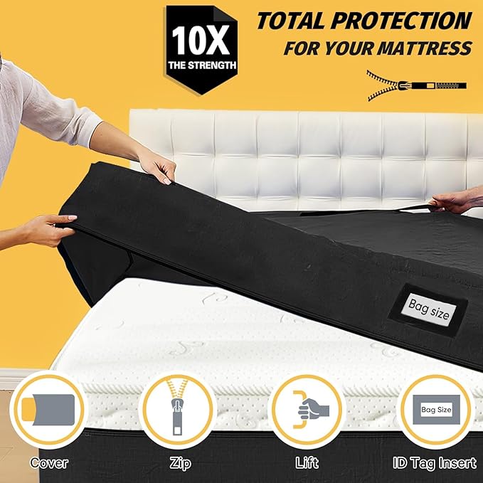 Mattress Bags for Moving and Storage, BETU Queen Mattress Protector Waterproof Mattress Cover with 8 Heavy Duty Handles and Zipper Extra Thick Moving Supplies for Bed Reusable (82x62x13.5 Black)