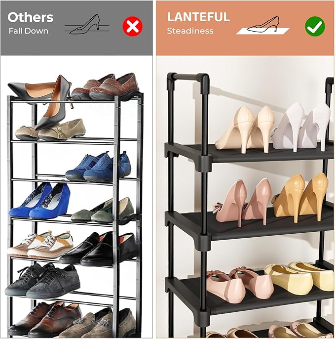 LANTEFUL Tall Shoe Rack 8 Tiers, 16-20 Pairs Shoe and Boots Organizer Storage Sturdy Shoe Shelf, Narrow Vertical Shoe Rack for Entryway, Closet, Metal Shoe Organizer with 5 Hooks