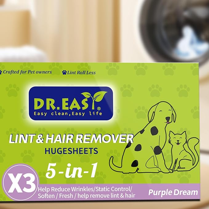 Dr.Easy LINT & HAIR REMOVER Pet HUGESHEETS with 3X Dryer Sheets, Lavender Fresh, 200 Count,PLANT&MINERAL-BASED FORMULA