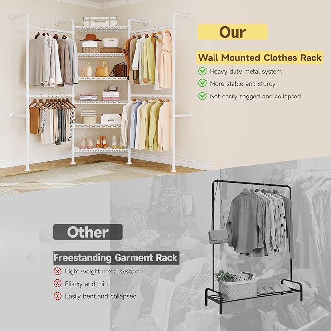 L3 Industrial Pipe Closet Organizer System, Wall Mounted Clothes Rack Clothing Racks with 4 Telescopic Rods & 6 Shelves , Heavy Duty Closet System in Wardrobe Closet (White)