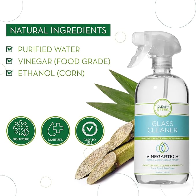 CLEAN+GREEN VinegarTech Glass Cleaner Spray - Cleaning Vinegar- Vinegar For Cleaning Purpose - Glass Cleaner, Window Cleaner, Bathroom Glass Cleaner- Spray Cleaner for House Supplies- 24 Fl Oz