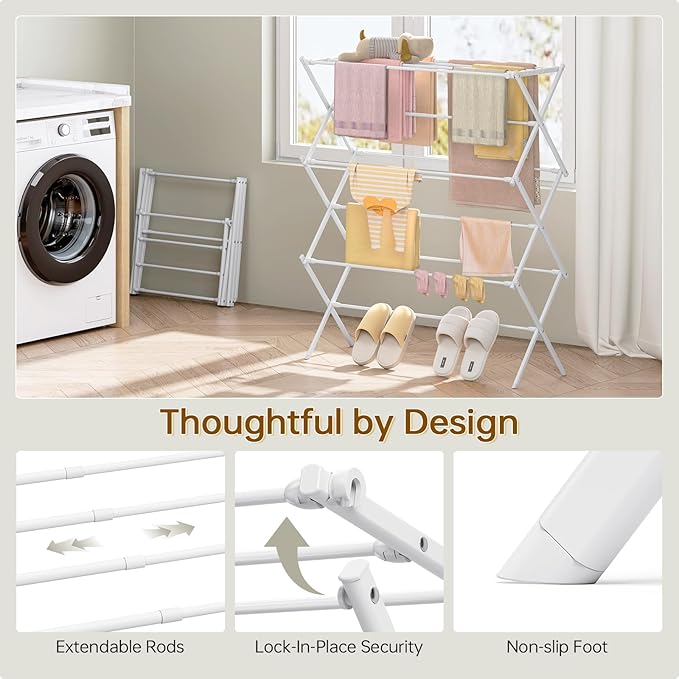 KINGBOARD Clothes Drying Rack, Collapsible Drying Rack Clothing with 11 Poles, 3-Tier Laundry Drying Rack, Small Clothes Drying Rack Foldable for Baby Clothes Sock Towel, 25lb Capacity, White & Grey