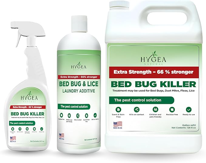 Hygea Natural Extra Strength Bed Bug & Lice Elimination Trio - Includes Extra Strength 24 oz Lice & Bed Bug Spray, 32 oz Lice & Bed Bug Laundry Additive, & 128 oz Spray Refill