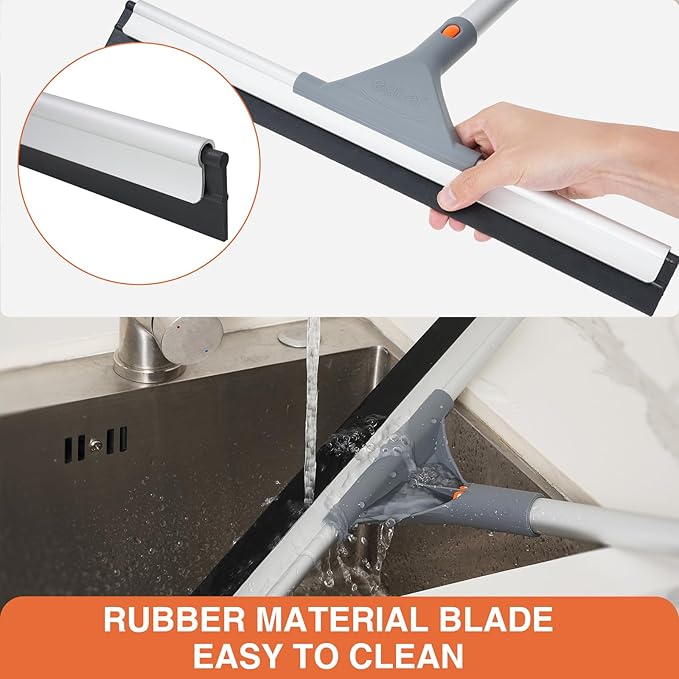 Eazer Floor Squeegee Broom: Heavy Duty Scrubber with Extendable 60'' Aluminum Pole and Rubber Blade for Kitchen, Swimming Pool, Concrete Floors,Shower,Tiles,Garages,Windows,Glass,Pet Hair Removal