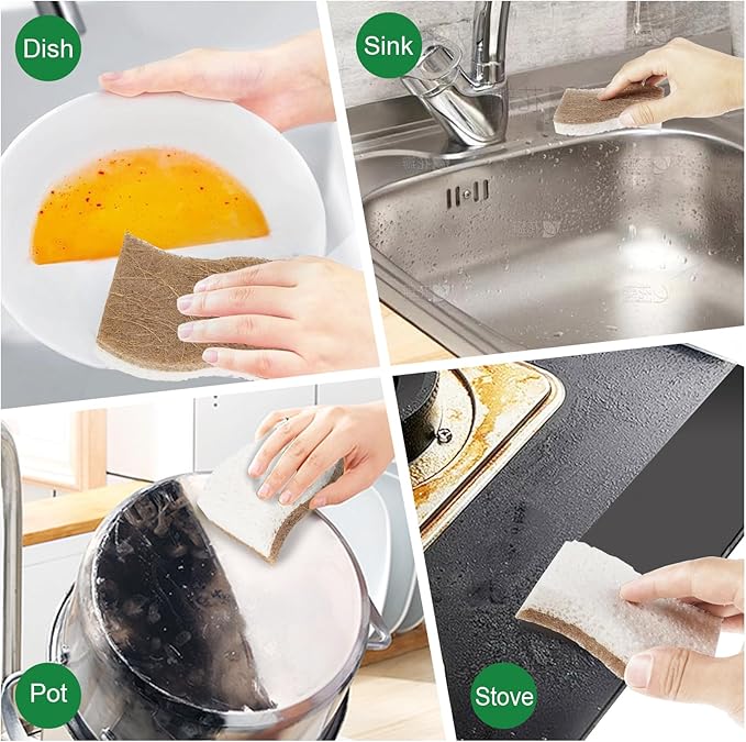 Natural Kitchen Sponge,12 Pack Kitchen Dish Sponge with Coconut Fiber and Compostable Cellulose, Natural Household Cleaning Sponge for Dishes,Pots,Sinks