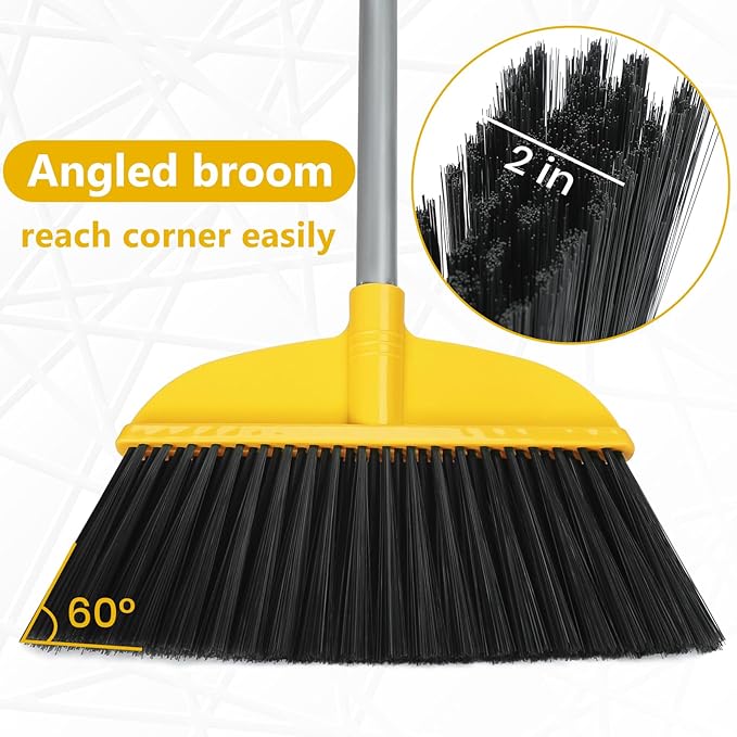 Broom for Hardwood Floors Indoor Sweeping Brooms with Soft Bristles and 55” Long Handle for Tile Laminate Deck Hard Floor Cleaning-Yellow