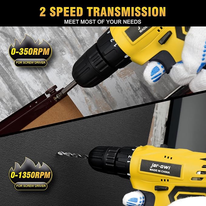 Portable 21V Power Drill Set with 37PCS Drill Bit,Cordless Drill Kit with Battery and Charger,Jar-owl Home Tool Kit with Electric Drill,Power Tool Combo Kit for Men Women Office Repair Maintain-Yellow