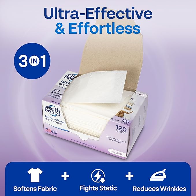 Earth Breeze Fabric Softener Dryer Sheets – Lavender, Hypoallergenic, No Harsh Chemicals, Safe Ingredients – Soft Clothes – Static Cling & Wrinkle Reducer – Gentle Fabric Care – Made in USA (1 Pack)