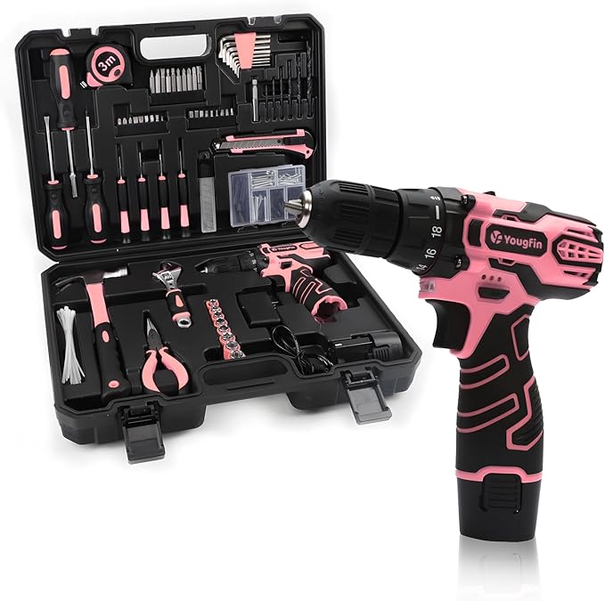 YOUGFIN Pink Drill Set, 195 Pieces Tool Set with 12V Cordles Drill, Home Tool Kits for Men & Women, Household Hand Tool Box, Perfect for DIY Office Repairing & Improvement