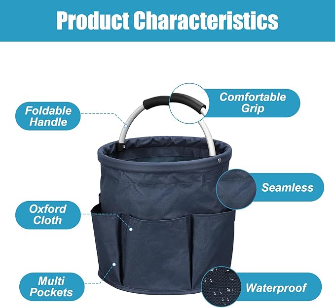 Qivine 17L Cleaning Caddy with Handle, Cleaning Supply Caddy Foldable Tool Bag Cleaning Products Organizers Portable Cleaning Bucket Organiser for Storing Towels(Blue)