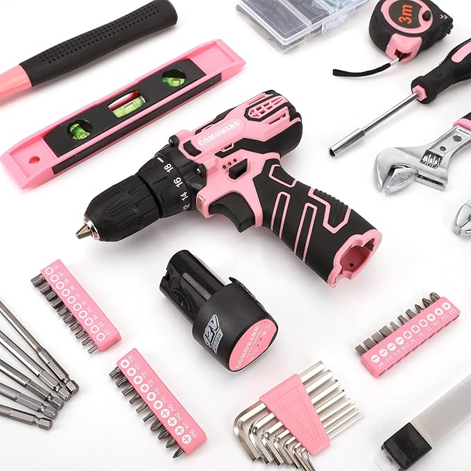 COMOWARE 12V Cordless Drill Set, Pink Hand Tool Set with Cordless Drill Driver, Complete Repair Tool Kit for Women, Storage Bag, Ideal for Office, Garden, Dorm and DIY Project