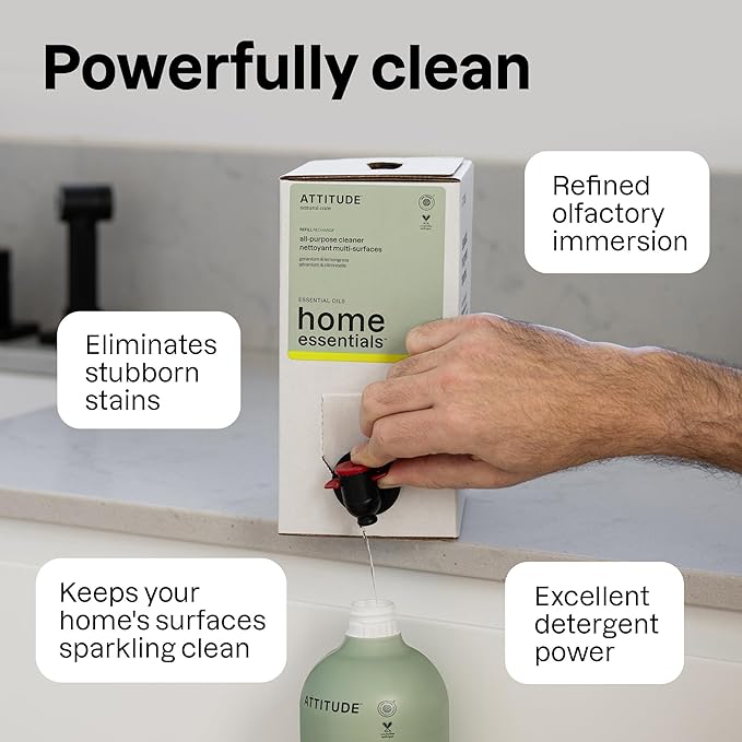 ATTITUDE All-Purpose Cleaner Spray, Natural Origin Ingredients, EWG Verified, Removes Fingerprints, Dust and Dirt, Streak-Less, Geranium & Lemongrass, 26 Fl Oz (Pack of 3)