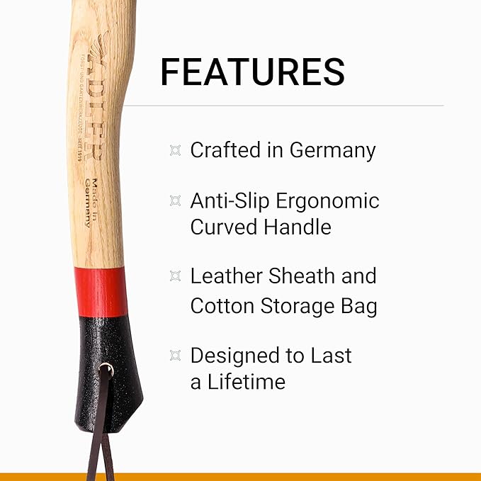 Adler Scout Camping Hatchet with Leather Sheath - German Forged, 11.8" Hickory Handle, Compact Small Hatchet for Hiking, Bushcraft, Camping, Hunting, Backpacking