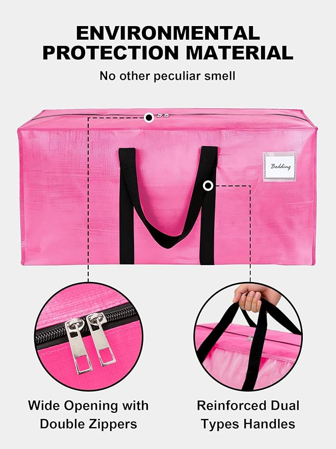 12 Pack Large Strong Moving Bags with Zippers & Carrying Handles - Water-Resistant - Heavy Duty Storage Tote for Space Saving, Fold Flat, Alternative to Moving Box (Pink)