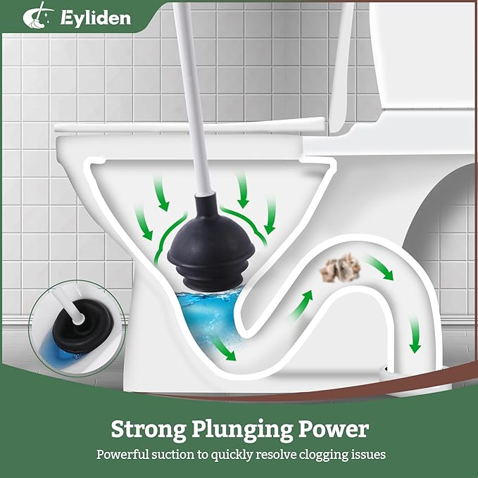 Eyliden Disposable Toilet Brush and Plunger Combo | 2-in-1 Toilet Bowl Wand Kit - 10 Count Pre-Soaked Refill Heads, 3-Step Plunger, Storage Holder - Compact Toilet Cleaning System, White