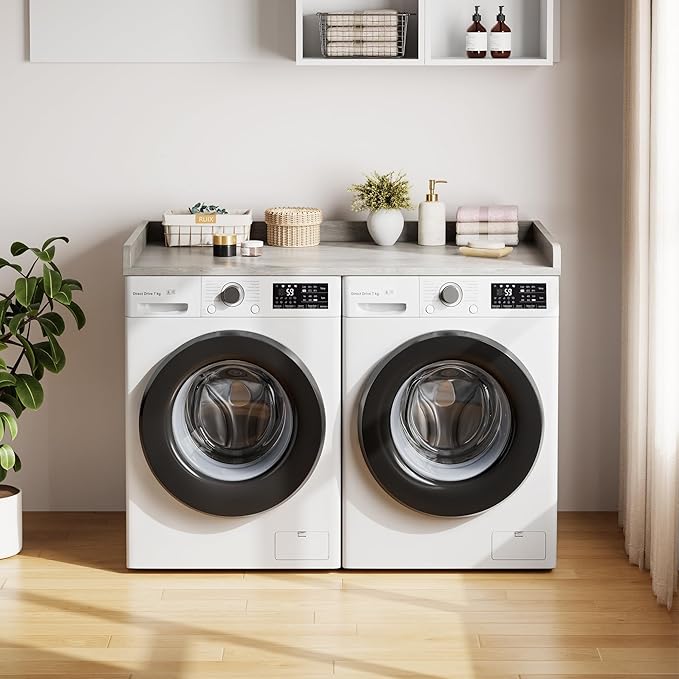 Washer Dryer Countertop, 54.3" x 27.6" Wooden Laundry Countertop with Edge Rails, Washer and Dryer Topper for Laundry Room Organization and Storage