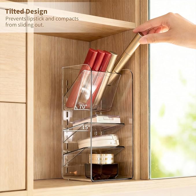 PAVSTINE Medicine Cabinet Organizer with Adjustable Dividers, Clear Vertical Layered Backward Slanting Shelves for Makeup Brush/Lip Gloss/Mascara Storage (3-Tier Slant-Gentle Slant)
