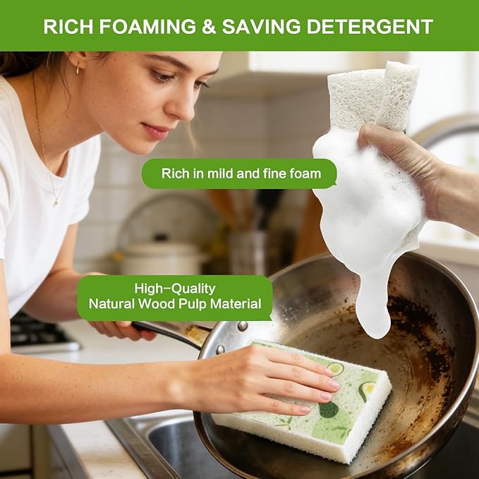 Scratch Scrub Sponge, 6 Kitchen Sponges for Cleaning Around the Home, Bathroom & More, Large Size Scratch-Free Dish Scrubber, Best for Nonstick Pots and Pans (4" x 6" x 1"), Avocado
