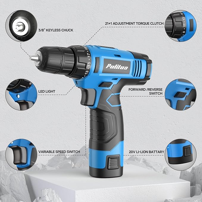 PULITUO Tool Set, 148-Piece Home Drill Set with 12V Blue Cordless Drill, Hand tool Kits, and Box, Suitable for Men, Women, and DIY Enthusiasts for Home Improvement.