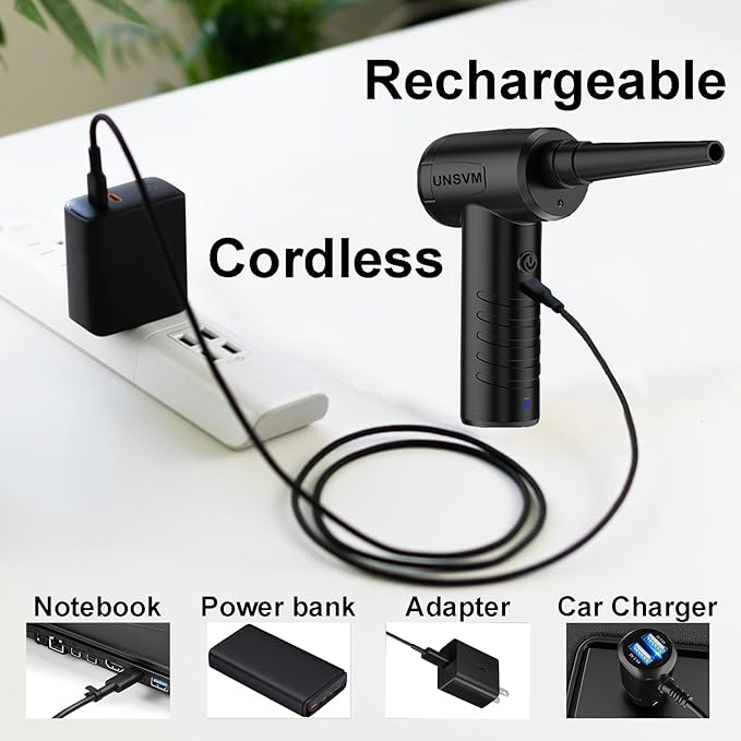 Air Duster,Efficient Electric Air Duster,Compact Rechargeable Cordless Compressed Air Duster,Quiet Air Blower,Portable 3-Gear Versatilie Dust Blower with LED Light for Keyboard Cleaning