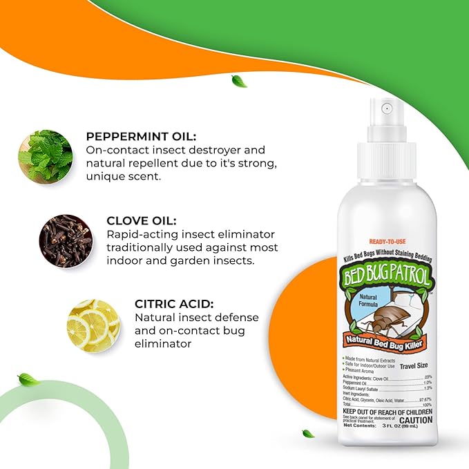 TSA Approved Bed Bug Spray 3oz – Natural Plant-Based Killer for Luggage, Travel, Hotels, Airbnb, Cars & Buses – Safe for Children & Pets – Compact On-The-Go Use – Bed Bug Patrol