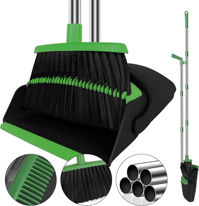 Green Broom with Dustpan Combo Set, 51" Long Handle Household Cleaning Tool, Ideal Broom and Dustpan Set for Pet Hair and Home Use