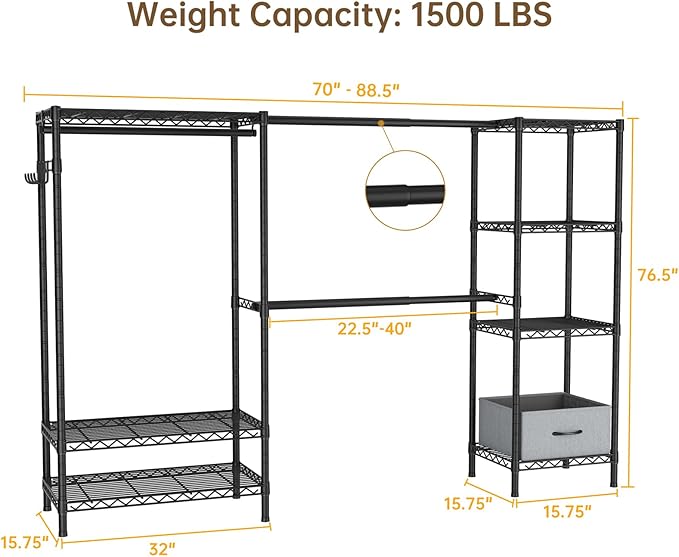 Golpart Coat Rack Clothes Wardrobe：Closet Organizer and Storage Clothing Garment Rack with Shelves Heavy Duty for Hanging Clothes Portable Adjustable Black 15.8" Dx(70-88.5)" Wx76.5 H