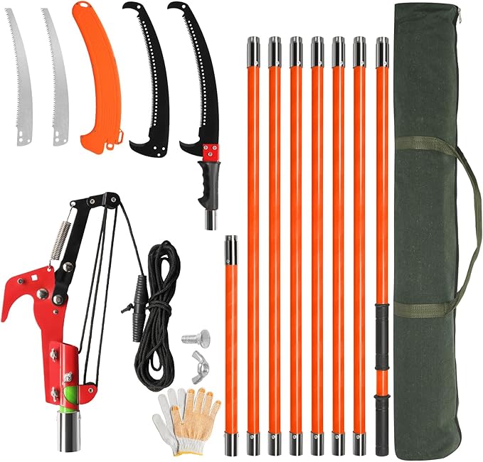 VINGLI Manual Pole Saw for Tree Trimming, 26 ft Extendable Tree Pruner, Sharp Steel Blade and Scissors, High Tree Branch Cutter with Lightweight 8 Fiberglass Long Handles, for Pruning Palms and Shrubs