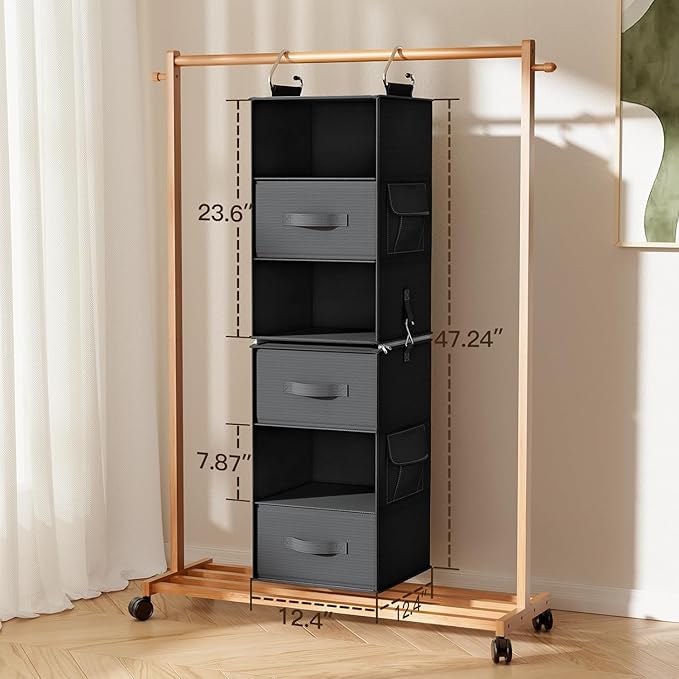 Pipishell 6-Shelf Hanging Closet Organizer with 2 Separable 3-Tier Shelves, 3 Drawers & Side Pockets Closet Organizers and Storage for Wardrobe Organization and Nursery Clothes Organizer, Black