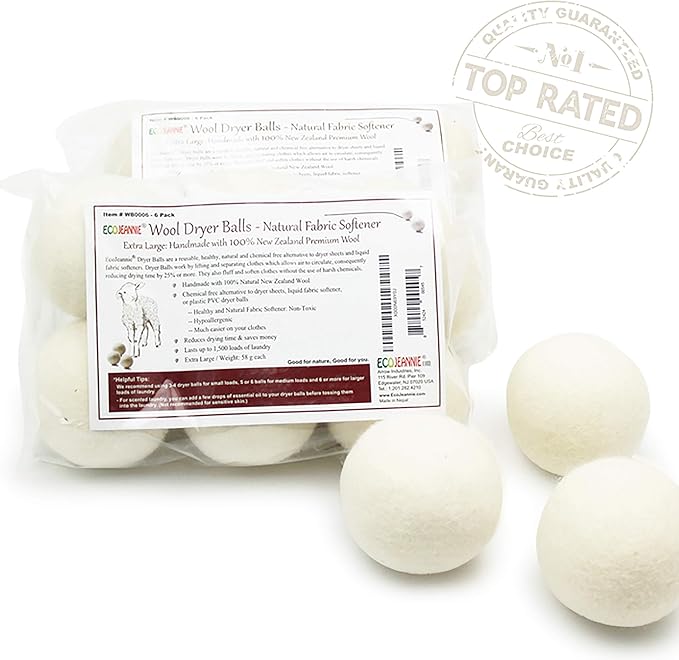 (WB0006-6 Pk Wool Dryer Balls - Premium XL Organic Eco-Friendly Natural Unscented Non-Toxic Felt Laundry Balls, Anti-Static, Chemical Free, Fabric Softener, 100% Natural New Zealand Wool