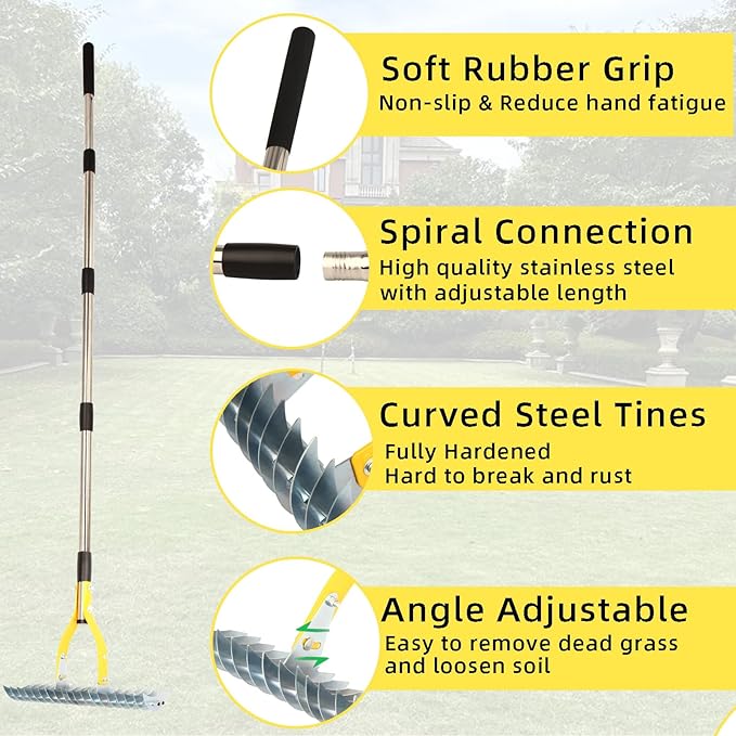 Thatch Rake 15 Inch Wide Efficient Dethatcher Rake for Cleaning Dead Grass, Combs Turf & Loosens Soil, Steel Metal Grass Rakes with Stainless Steel Handle Versatile Leveler &Cleans for Garden