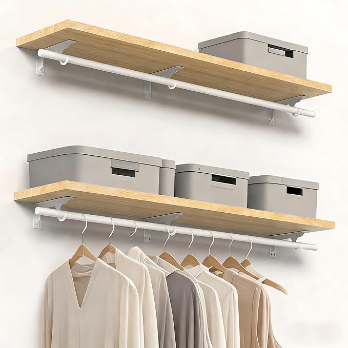 Wall Mounted Clothes Rack - Solid Wood Closet Storage System with Removable Shelves & Hanging Rods, 47.2in Space Saving Organizer for Bedroom, Walk-in Closet (1 Pack)