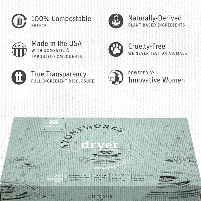Grab Green Stoneworks Cruelty-Free Dryer Sheets | Softens Fabrics, Freshens Clothing & Reduces Static-Cling and Wrinkles | Plant Based | Fragrance Free (160 Sheets)