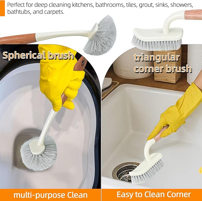 5-Pack Heavy Duty Scrub Brushes Set with Wooden Handles, Multi-Surface Scrubber for Kitchen, Bathroom, Tile & Grout, Includes Spherical, Triangle, Square & Dish Brush for Stubborn Stains