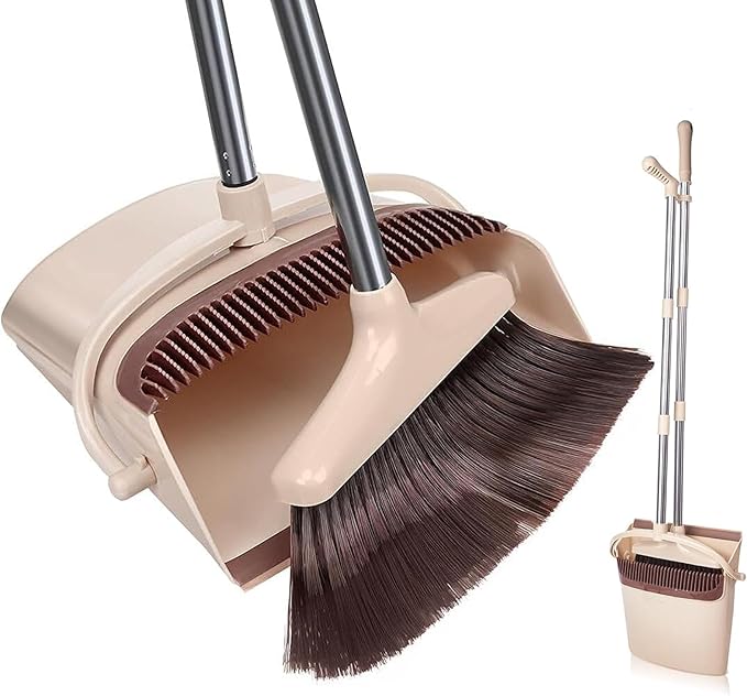 Broom and Dustpan Set, Long Handle Stand Up Broom and Dust Pan Combo, Self-Cleaning with Dustpan Teeth, Indoor&Outdoor Sweeping, Ideal for Dog Cat Pets Home Use (Beige & Brown)