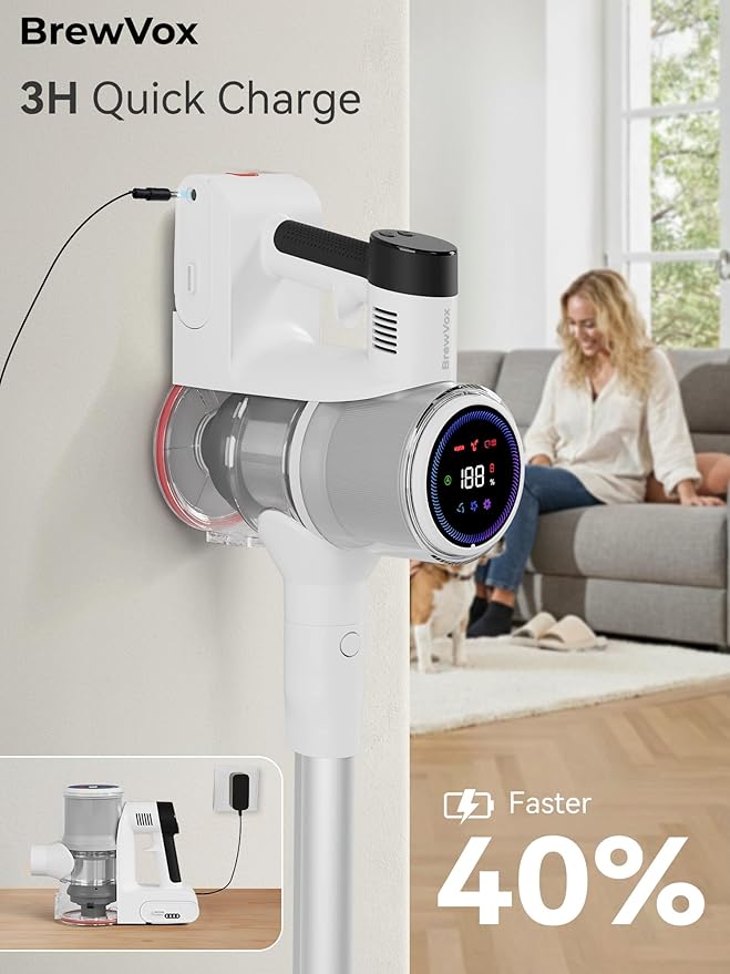 BrewVox Telescopic Cordless Stick Vacuum Cleaner for Home & Pet Hair, Smart Auto Detect, 2 Motorized Brushes, 6 Stage Filtration, 45kPa Powerful Suction, 550W Motor, 60 Min Runtime, Quick Rechargeable