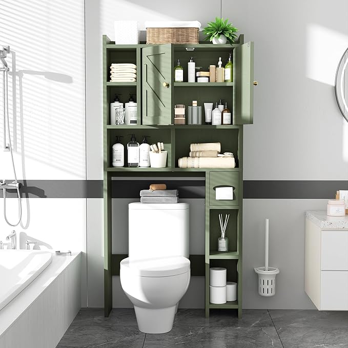 Meilocar Over The Toilet Storage Cabinet, 64.6" Tall Bathroom Organizer Space Saver with Toilet Paper Holder & Adjustable Shelf, Freestanding Wood Cabinet for Small Space, Green