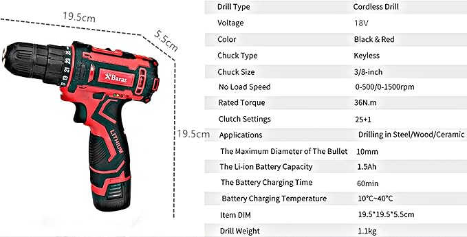 Baraz Tool Kit set With Drill (2 Battery), 126 Pcs Power Tool Set for home, 18v Cordless Drill And Tool box For Household, Homeowners, Office, Garden, House Repair And Maintenance, perfect Gift Idea