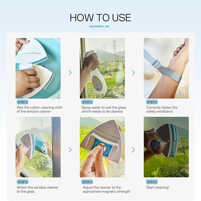 Magnetic Window Cleaner, Adjustable Double Sided Window Cleaning Tool for Single & Double Glazed Glass (0.1"–1.2") High-Rise Glass Wiper with 2.5m Safety Rope