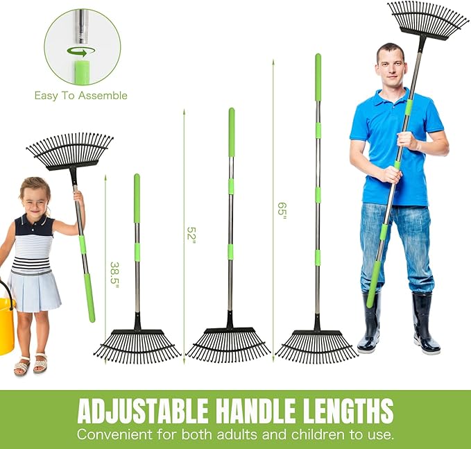 Joyhalo Rake for Leaves Adjustable 65 Inch Long, 18 Inch Wide Garden Rake with 25 Tines, Metal Leaf Rakes, Rakes for Lawns, Gathering Leaves, Weeds, Debris
