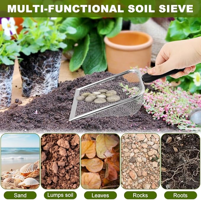 2pcs Gardening Soil Sifter, 3.8mm & 5.0mm Mesh Sieve for Gardening, Dirt Sifter Compost Sifters with Handle, Multi-Functional Garden Sieve Potting Scoop for Sand, Rocks(Color:Silver)